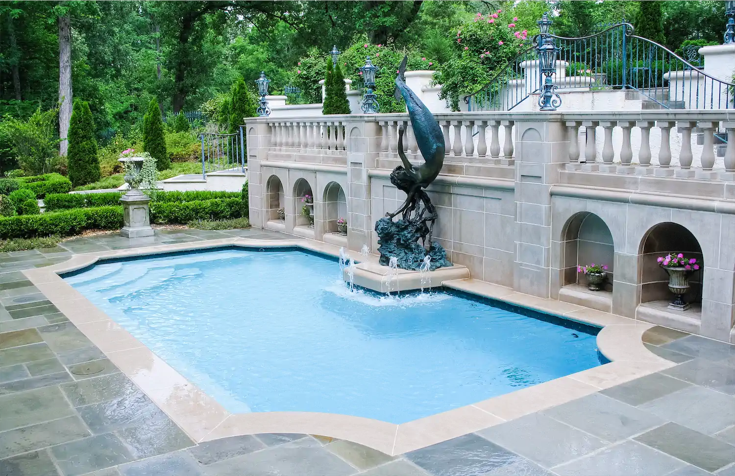 luxury pool water features statue and water spouts from Ogden Pools in Memphis